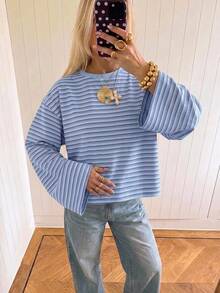 SHEIN EZwear 海外長袖淺藍色與海軍藍條紋上衣，秋季上衣，適合日常通勤、聚會、秋冬春夏、聖誕節、新年、感恩節、派對、婚禮、海灘、畢業典禮、優雅、外出、約會、通勤、情人節、優雅、度假、Y2K、畢業典禮及其他場合 - 彩色 - 查看 5