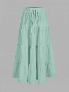SHEIN EZwear 女款度假風百褶抽繩腰紋理中長裙 - 薄荷綠 - 查看 1