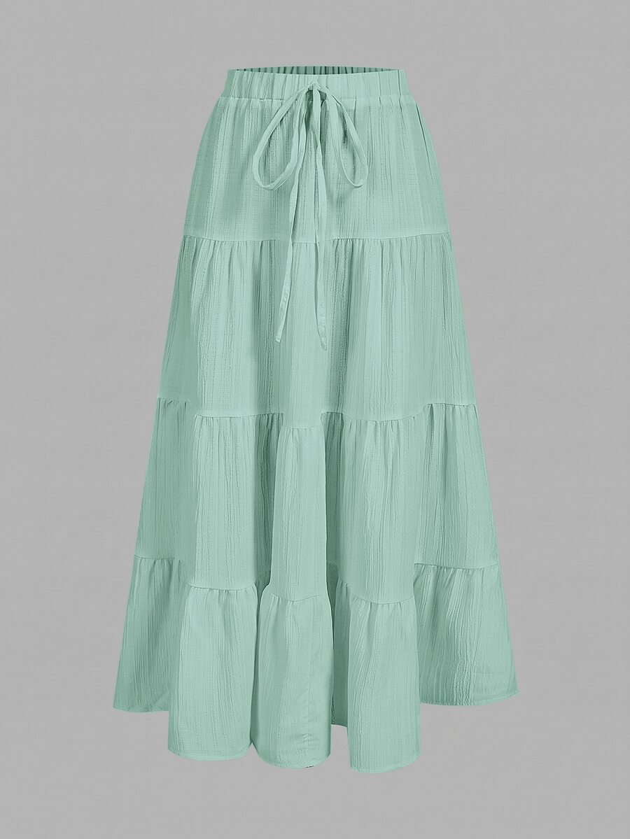 SHEIN EZwear 女款度假風百褶抽繩腰紋理中長裙 - 薄荷綠 - 查看 1