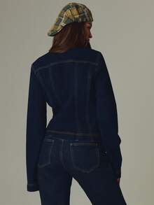 MUSERA Blue Denim Wash Asymmetric Button Down Jacket Fall Autumn Winter Casual Style Outfits - Dark Wash - View 5