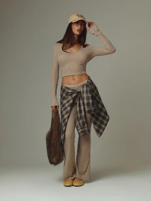 MUSERA Beige Long Sleeve V Neck Top And Mid Rise Flare Trousers Co Ord Sold As Set Fall Autumn Winter - Apricot - View 1