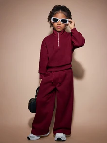 SHEIN Sparklyn 女童與幼兒 2 件式運動套裝，櫻桃感溫布料，包含半拉鍊立領上衣與寬鬆長褲，幼兒園秋季款 - 酒紅色 - 查看 4