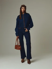 MUSERA Blue Contrast Detail Denim Long Sleeve Zip Up Jacket Fall Autumn Winter Casual Style Outfits - Blue - View 3