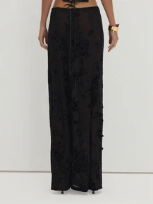 MUSEYN Black Mesh Devore Split Detail Maxi Skirt Versatile Evening Date Night Chic New Season Fall Party Elagant Halloween - Black - View 4