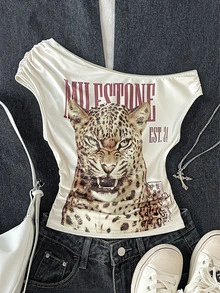 Tween Girl Fashion Leopard Kids Print Asymmetrical Shoulder Top - Khaki - View 2