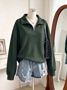 SHEIN 青少年女孩抓絨秋季休閒簡約拉鍊連帽衫，落肩設計，秋冬保暖舒適日常穿搭長袖上衣 - 墨綠色 - 查看 3