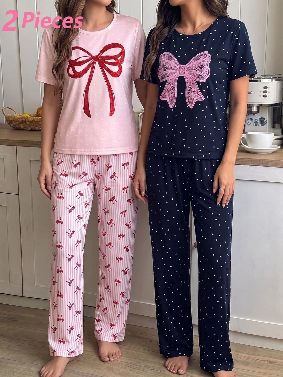 SHEIN Set Piyama 2pcs/Set untuk Remaja Perempuan, Atasan Bermotif Pita dan Celana Pendek Kotak-kotak, Kain Rajut Lembut, Nyaman, Gaya Manis dan Elegan - Navy Blue - View 1