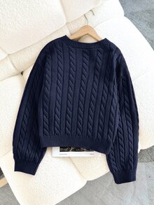 SHEIN Tween Girl Casual Solid Color Dropped Shoulder Loose Textured Knit Cropped Sweater, Autumn/Winter Kids - Blue - View 2