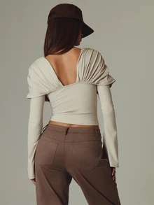 MUSERA Cream Ruched Shoulder Detail Long Sleeve Deep V Neck Top Fall Autumn Winter Casual Style Outfits - Khaki - View 5