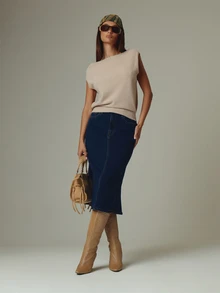 MUSERA Blue Wash Denim Low Rise Midi Skirt Fall Autumn Winter Casual Style Outfits - Blue - View 3