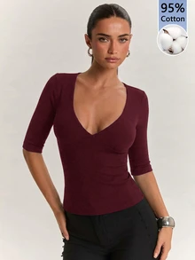 SHEIN BAE 女款純色修身百搭日常穿著T恤 - 酒紅色 - 查看 1