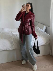 SHEIN EZwear 純色長袖休閒PU拼接收腰抽繩夾克，秋冬款 - 酒紅色 - 查看 3