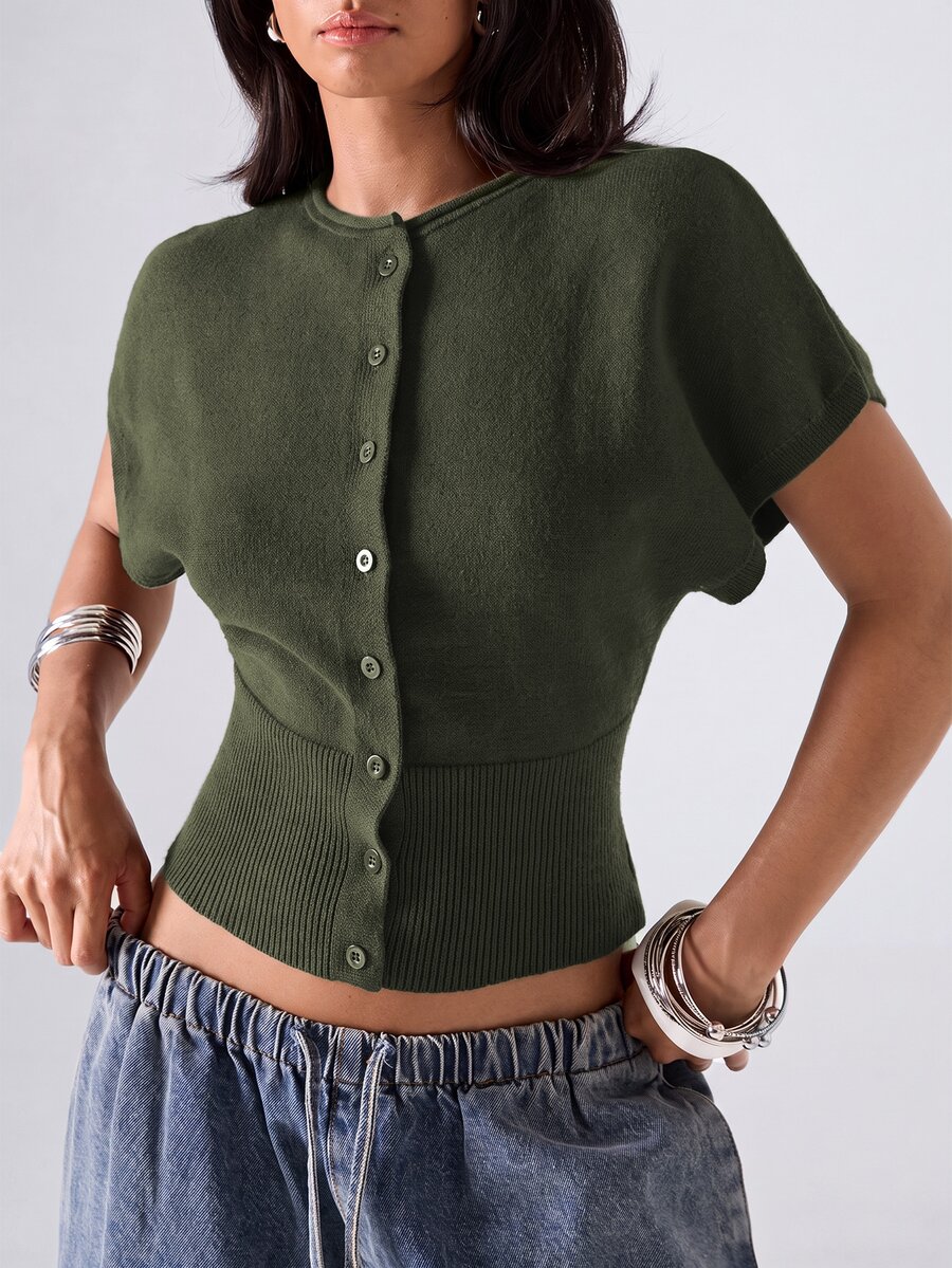 LYSMO Women's Solid Color Batwing Short Sleeve Single-Breasted Knit Cardigan - Army Green - View 1