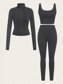 SHEIN EZwear 休閒極簡純色深灰色針織女款運動套裝，適合秋冬底層穿搭、瑜伽、跑步與運動 - 深灰色 - 查看 7
