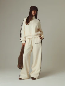 MUSERA Cream Contrast Graphic Detail Straight Leg Joggers Fall Autumn Winter Casual Style Outfits - Yellow - View 1