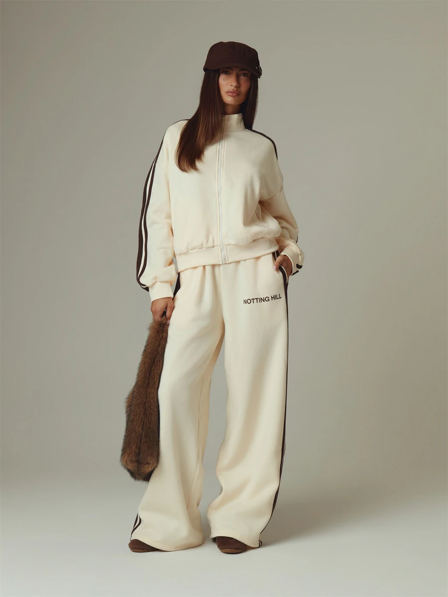 MUSERA Cream Contrast Graphic Detail Straight Leg Joggers Fall Autumn Winter Casual Style Outfits - Yellow - View 1