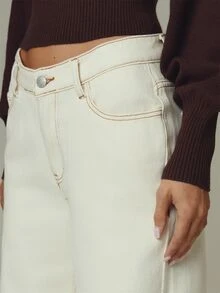 MUSERA Cream Denim Low Rise Straight Leg Jeans Fall Autumn Winter Casual Style Outfits - Light Yellow - View 5