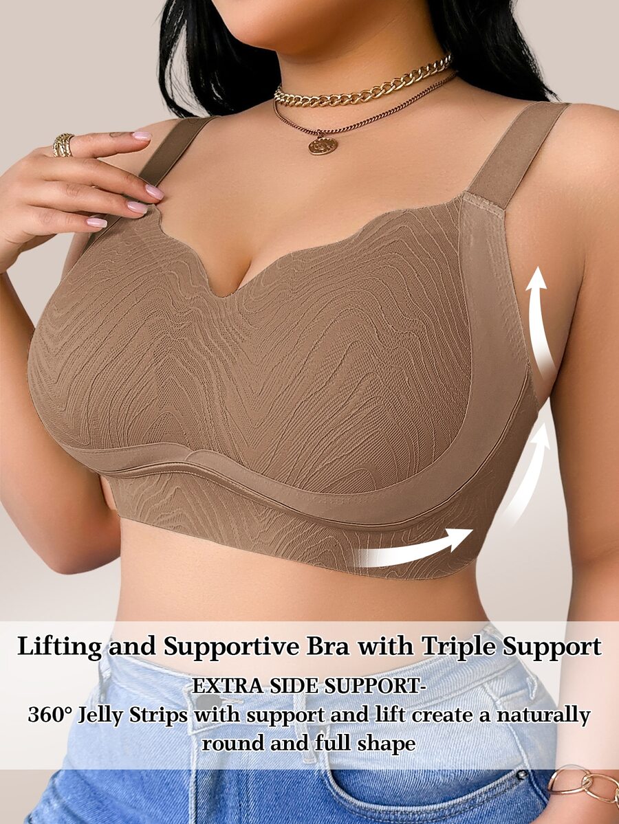 SHEIN 1pc Plus Size Women Seamless Arcuate Wireless Bra Plus Size Bra Support Compression Bra Shapewear Bra Full Coverage Bra, Lift - Brown - View 1
