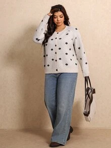 Elaquor Plus Size Women's Polka Dot Pattern Long Sleeve Single-Breasted Casual Knit Cardigan Winter - Apricot - View 3