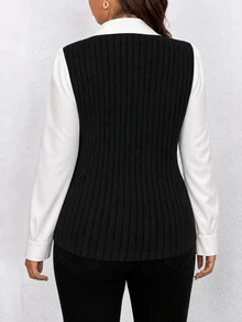 Edennvi Plus Size Women's Commuter Casual 2 In 1 Top, Ribbed Knit Patchwork Contrast Color Lapel V-Neck Long Sleeve Slim Fit Elegant T-Shirt - Black - View 2