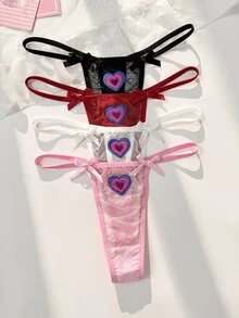 PetitDoll 4pcs Multi-Color Mesh Patchwork Bow Heart Applique Sweet Cute Women's Thong Panties - Multicolor - View 1