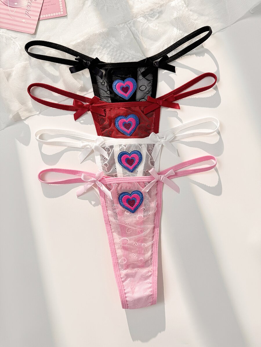PetitDoll 4pcs Multi-Color Mesh Patchwork Bow Heart Applique Sweet Cute Women's Thong Panties - Multicolor - View 1