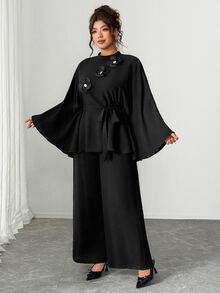 SHEIN LUNE CURVE Plus Size Women's Fashion Casual Loose Daily All-Match Versatile Floral Accent Jacket & Wide Leg Pants Black 2 Pieces Set Fall - Black - View 3