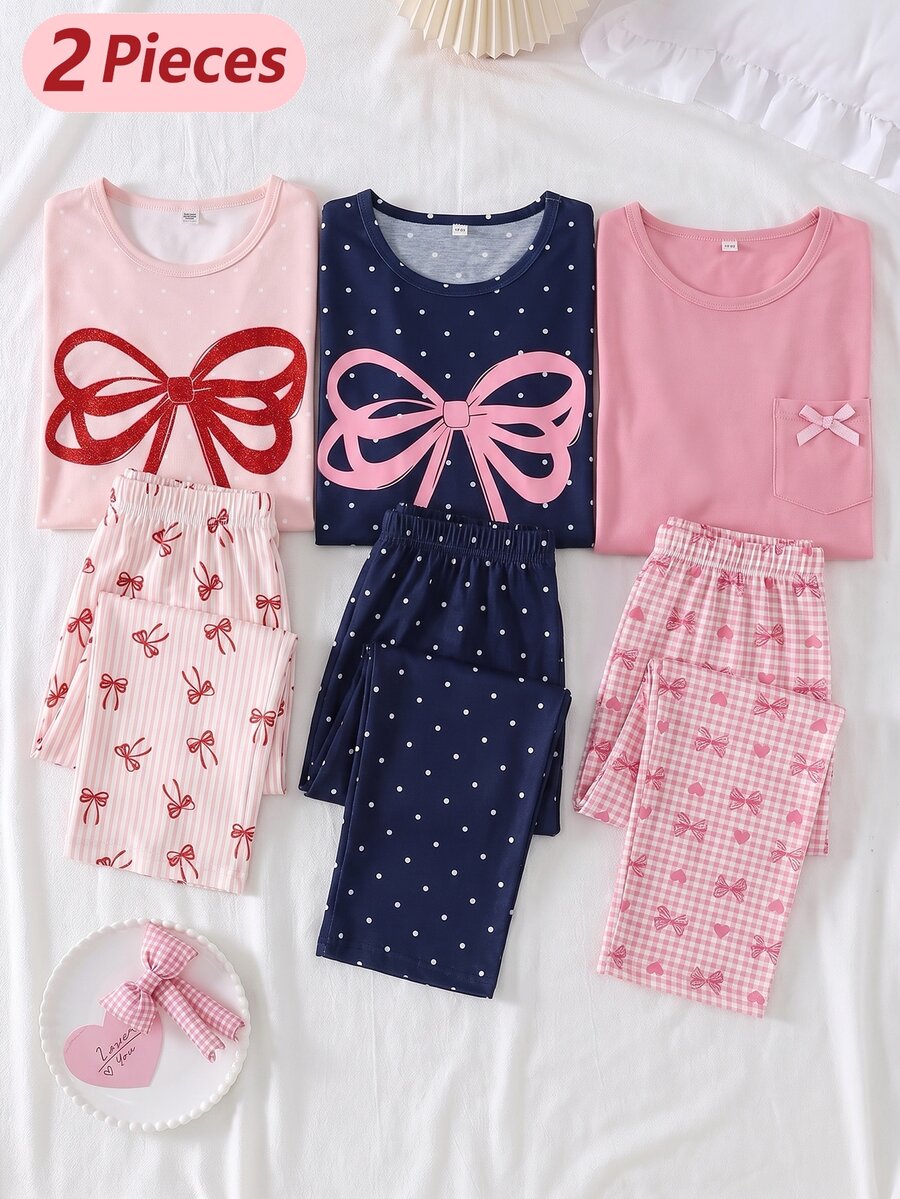 SHEIN 2pcs/Set Teen Girls Bow Decor Printed Top And Plaid Shorts Pajama Set, Soft Knit Fabric, Comfortable, Sweet And Elegant Style - Dusty Pink - View 1