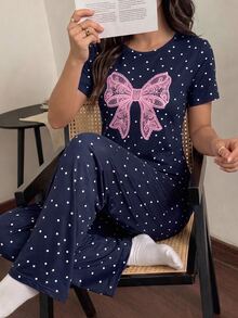 SHEIN Set Piyama 2pcs/Set untuk Remaja Perempuan, Atasan Bermotif Pita dan Celana Pendek Kotak-kotak, Kain Rajut Lembut, Nyaman, Gaya Manis dan Elegan - Navy Blue - View 7