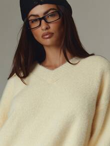 MUSERA Yellow V Neck Oversized Long Sleeve Sweater Top Fall Autumn Winter Casual Style Outfits - Light Yellow - View 4