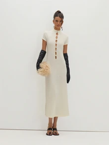 MUSEYN Cream Knit Pearl Button Front Short Sleeve Maxi Dress Versatile Evening Date Night Chic New Season Fall - White - View 1