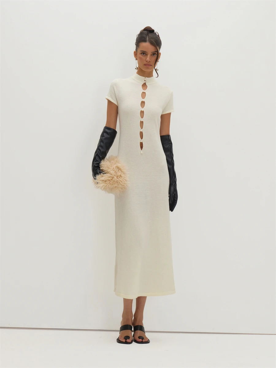 MUSEYN Cream Knit Pearl Button Front Short Sleeve Maxi Dress Versatile Evening Date Night Chic New Season Fall - White - View 1