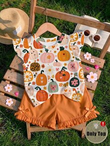 1pc Young Girl Cute All Over Pumpkin Floral Leopard Flutter Sleeve Round Neck Top ,For Spring/Summer,Thanksgiving Day - Multicolor - View 1