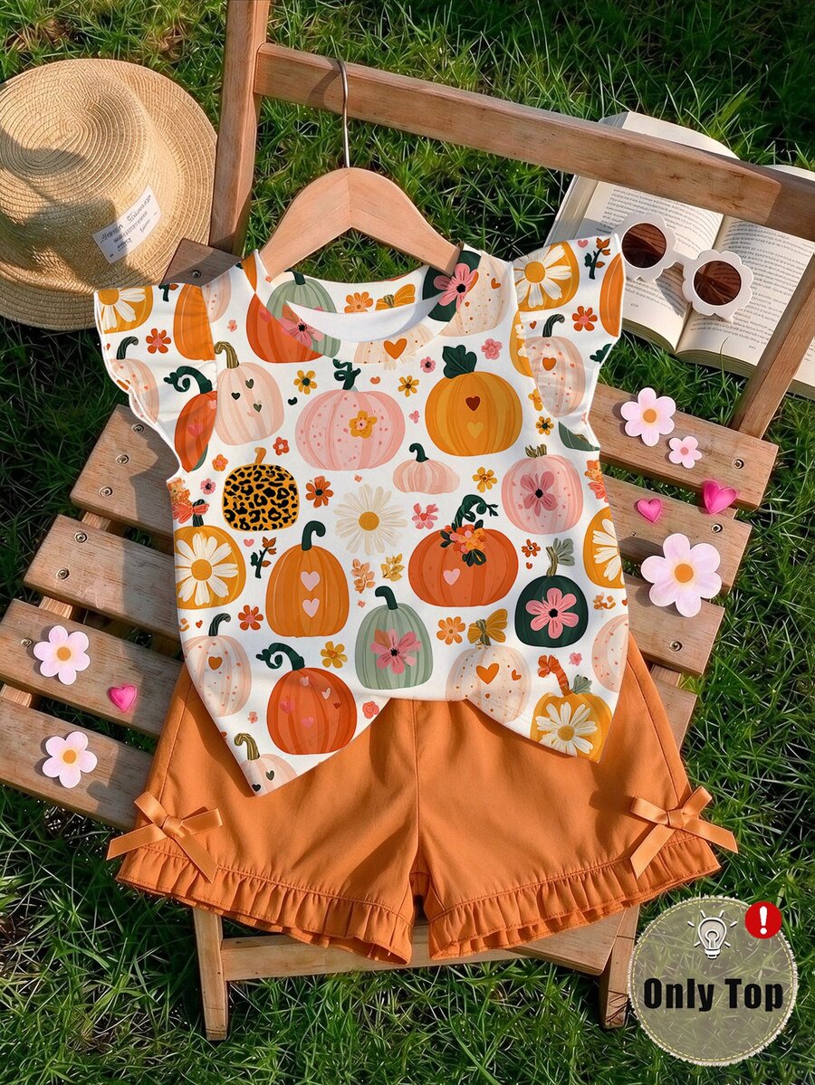 1pc Young Girl Cute All Over Pumpkin Floral Leopard Flutter Sleeve Round Neck Top ,For Spring/Summer,Thanksgiving Day - Multicolor - View 1