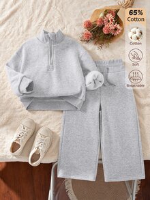 SHEIN Girls 2 Pieces Sports Fall Winter Set, Light Gray Half-Zip Stand Collar Top & Loose Athletic Pants, Soft Comfortable Outfit For Daily Wear & Outdoor - Grey - View 1