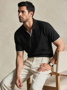 Lornavo Men's Contrast Color Casual Versatile Daily Wear Short Sleeve Polo Shirt - Black - View 7