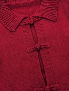 Breezaya Autumn/Winter Elegant New Chinese Style Red Turn-Down Collar Frog Button Knit Cardigan Sweater For Women - Red - View 5