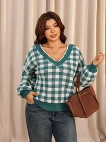 Elaquor Plus Size Women's Plaid Casual Versatile Daily Wear Long Sleeve Sweater Christmas - Beige - View 6