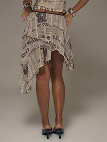 MUSERA Graphic Newspaper Print Flowy Layered Asymmetric Coord Midi Skirt Sexy Evening Halloween Going Out Fall Winter Autumn Solitude - Multicolor - View 4
