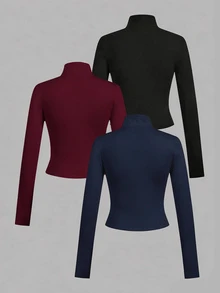 SHEIN EZwear 休閒極簡風 3 件組黑色酒紅海軍藍針織拉鍊長袖女款 T 恤，適合秋冬穿著 - 彩色 - 查看 2
