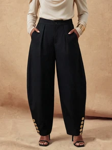 SHEIN Lunessa بنطلون طويل نسائي أسود بتصميم خريف/شتاء مع إبزيم معدني - الأسود - مشاهدة 4