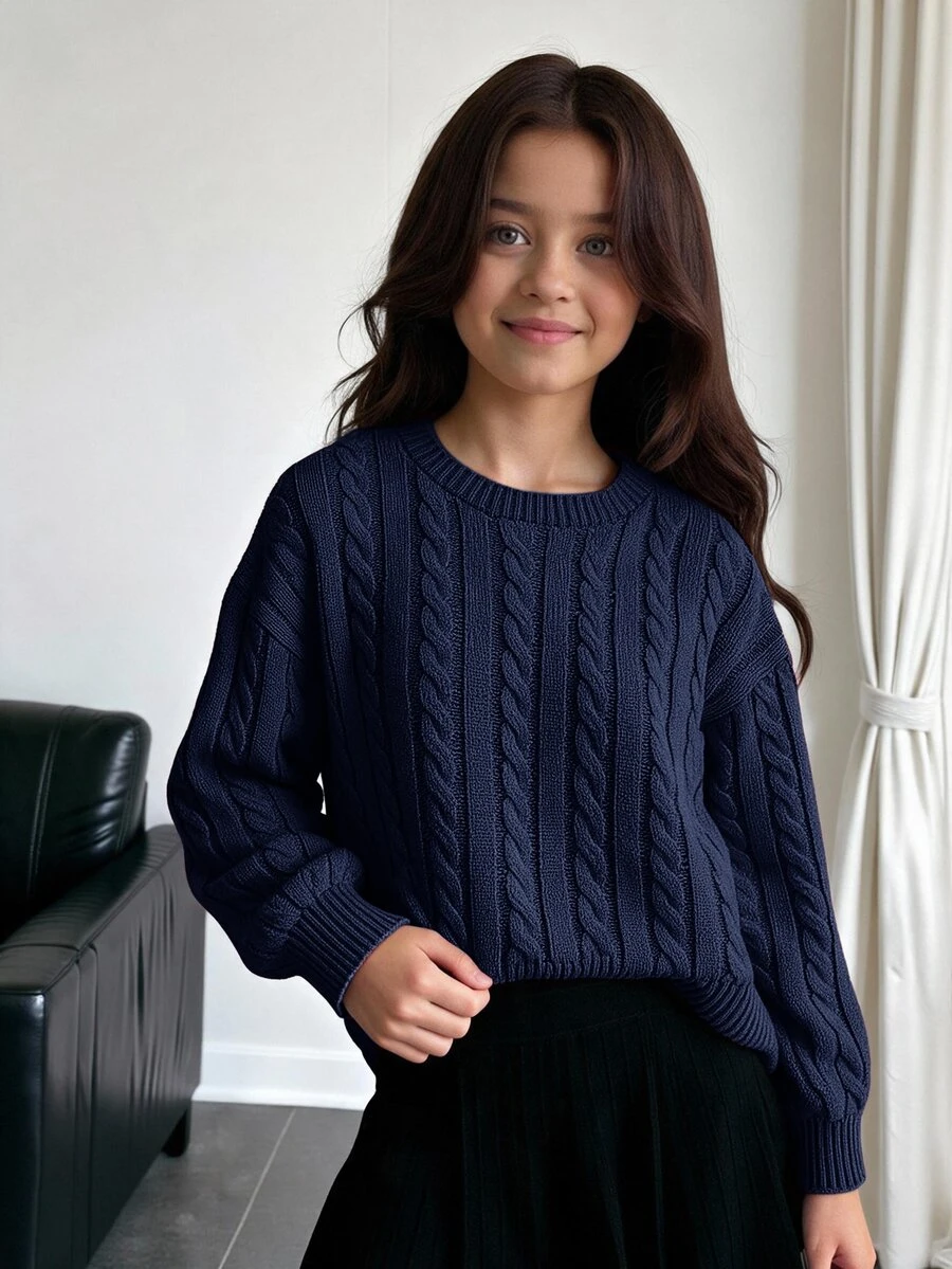 SHEIN Tween Girl Casual Solid Color Dropped Shoulder Loose Textured Knit Cropped Sweater, Autumn/Winter Kids - Blue - View 1