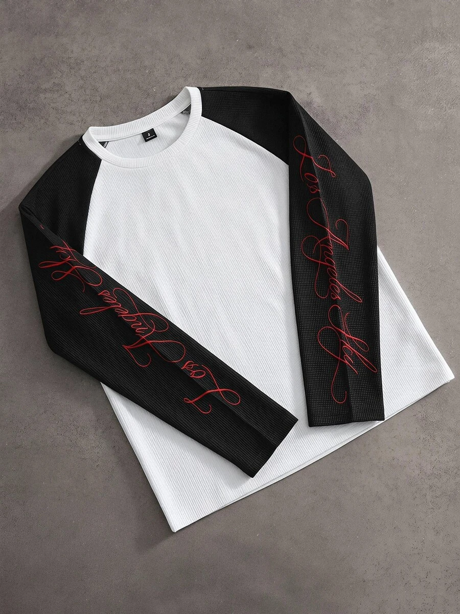 SWAVVY Men's Embroidered Contrast Color Crew Neck Long Sleeve T-Shirt, Casual - Red - View 1