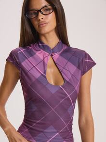 MUSERA Keyhole Cutout High Neck Checkered Top Winter Fall Cute Everyday Coolgirl Mullburn Hill - Purple - View 5