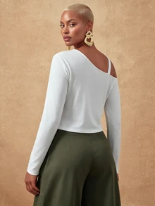 SHEIN Lunessa Women's Autumn Fashion Metal Decor Off Shoulder Long Sleeve White T-Shirt - White - View 2
