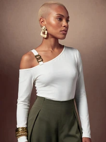 SHEIN Lunessa Women's Autumn Fashion Metal Decor Off Shoulder Long Sleeve White T-Shirt - White - View 4