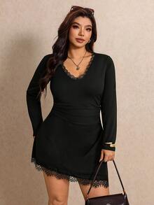 Elaquor Plus Size Women Solid Color Contrast Lace V-Neck Long Sleeve Fashion Dress - Black - View 1
