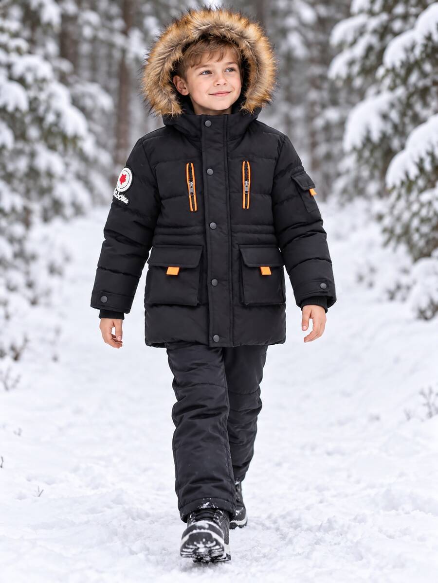 新款時尚冬季連帽外套 青少年男孩休閒聚酯纖維戶外夾克雪地外套 - 黑色 - 查看 1