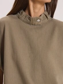 MUSERA High Neck Button Detail Loose Fit Short Sleeve Top Winter Fall Cute Everyday Coolgirl Mullburn Hill - Green - View 6