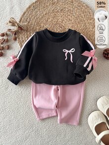 SHEIN 新生兒秋冬黑色圓領衛衣上衣，粉色蝴蝶結印花、粉色條紋袖口與粉色蝴蝶結，優雅風格，搭配粉色長褲，柔軟面料，適合室內外穿著 - 彩色 - 查看 3